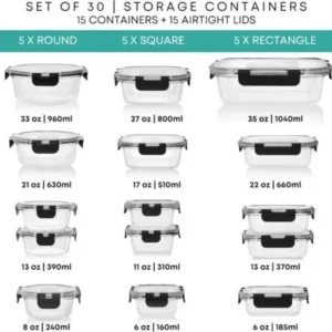 Special Discounted Price：Razab 30 PC Glass Food Storage Containers with Lids - Reusable Glass Meal Prep Containers for Lunch and Leftovers - Airtight & Leakproof Snap Locking Lids - Oven, Freezer, Microwave, Dishwasher Safe - Image 9