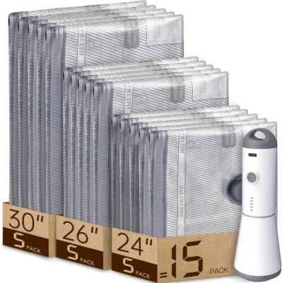Special Discounted Price：Vacbird 15 Pack Vacuum Bags for Travel with Rechargeable Cordless Electric Pump, Carry-on Packing Bags for Luggage and Suitcase, Space Saver for Clothes and Clothing